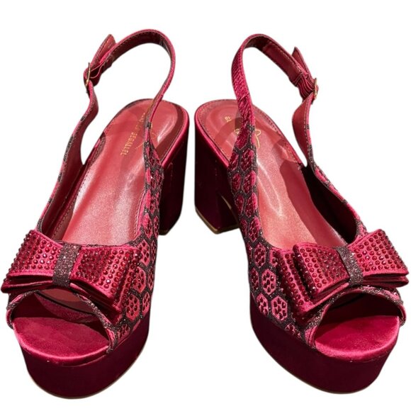 Geriger Gegallel Red Satin Rhinestone Platform Chunky Heel Pump Size 10 - Picture 1 of 13
